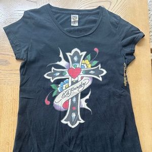 Vintage Ed Hardy T-shirt (black), Cross Tattoo w/ heart, flowers - S